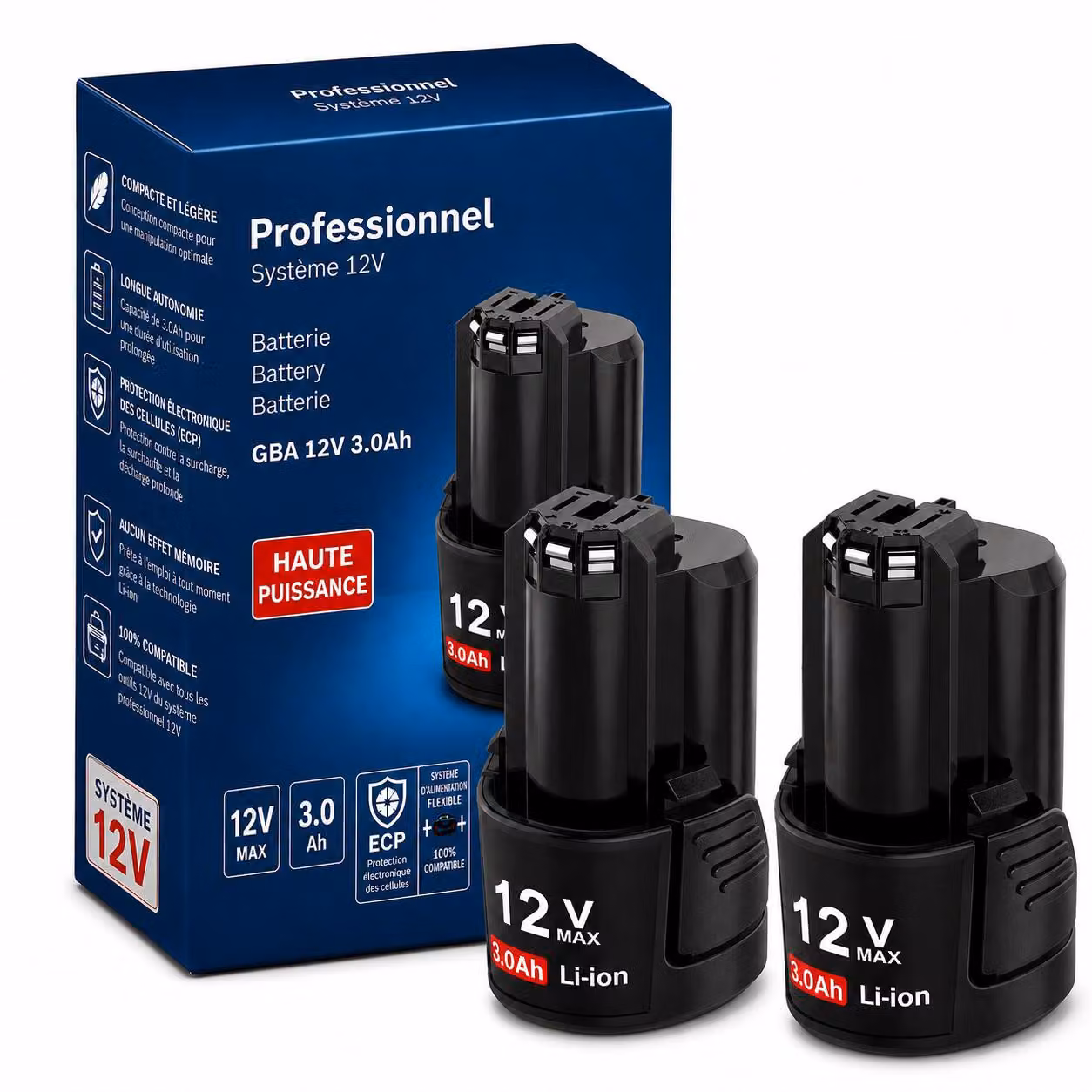 2 batterie di ricambio da 12V, 3,0Ah, agli ioni di litio, compatibili con gli utensili Bosch Professional da 12V – 3000mAh – confezione doppia / set da 2