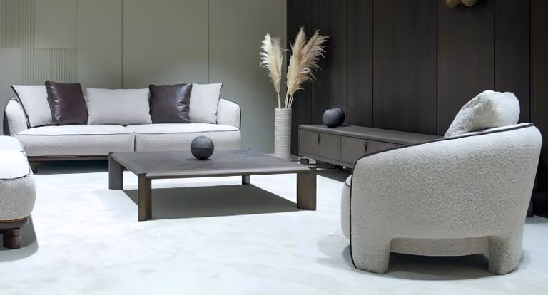 Elegante set da salotto 3+1 posti, bianco e marrone, design moderno