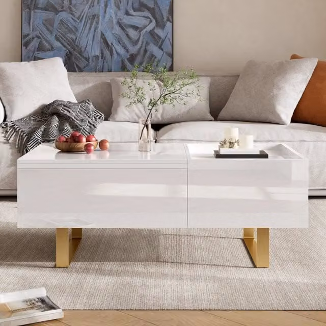 Tavolino basso alzabile con vano nascosto e cassetto in MDF bianco lucido 100 × 50 × 54.5 cm