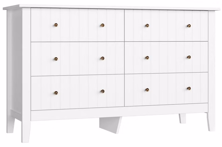 Comodino bianco, 133 cm di larghezza, con 6 cassetti, ideale per soggiorno, camera da letto o ingresso. Dimensioni: 133 x 45 x 79,5 cm