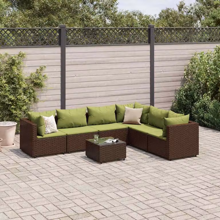 vidaXL Set Divani da Giardino 7 pz a Forma a L con Cuscini e Tavolino in Polyrattan Marrone e Verde