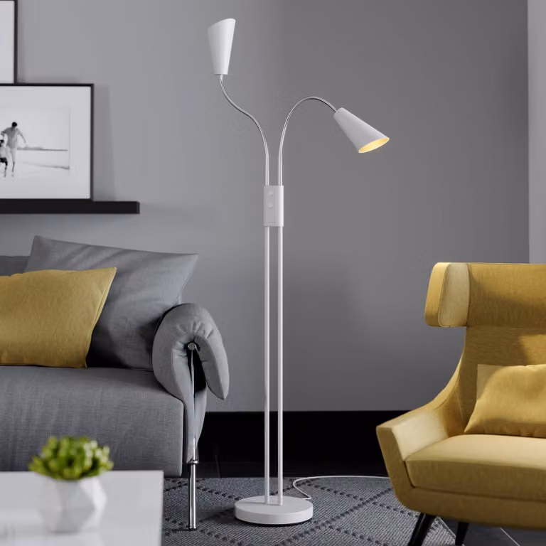 Lampada da terra Medira Lucande, Bianco / Opale, Soggiorno / Sala da pranzo, Metallo, Moderno, Lampada da terra