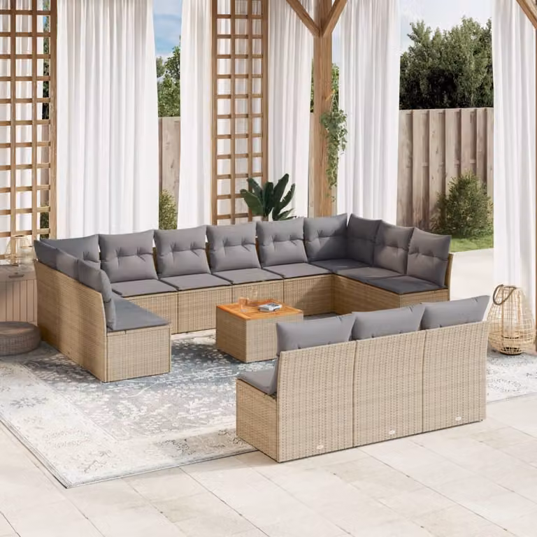 vidaXL Set Divano da Giardino 14 pz in Polyrattan con Cuscini Beige e Grigio e Tavolino da Caffè