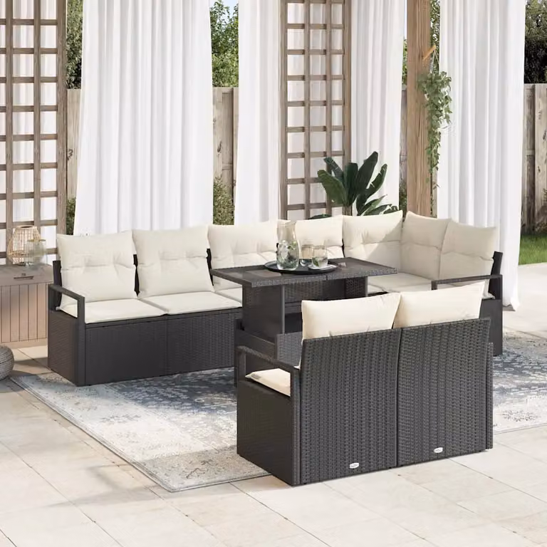 Set Divano da Giardino vidaXL a forma a U in Polyrattan con Tavolino, 9 Pezzi, Nero e Beige