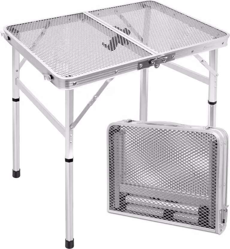 Tavolo da campeggio pieghevole 60x40cm in metallo con piano a griglia argento