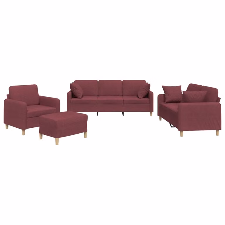 set divano 4 pezzi con cuscini in tessuto rosso vino