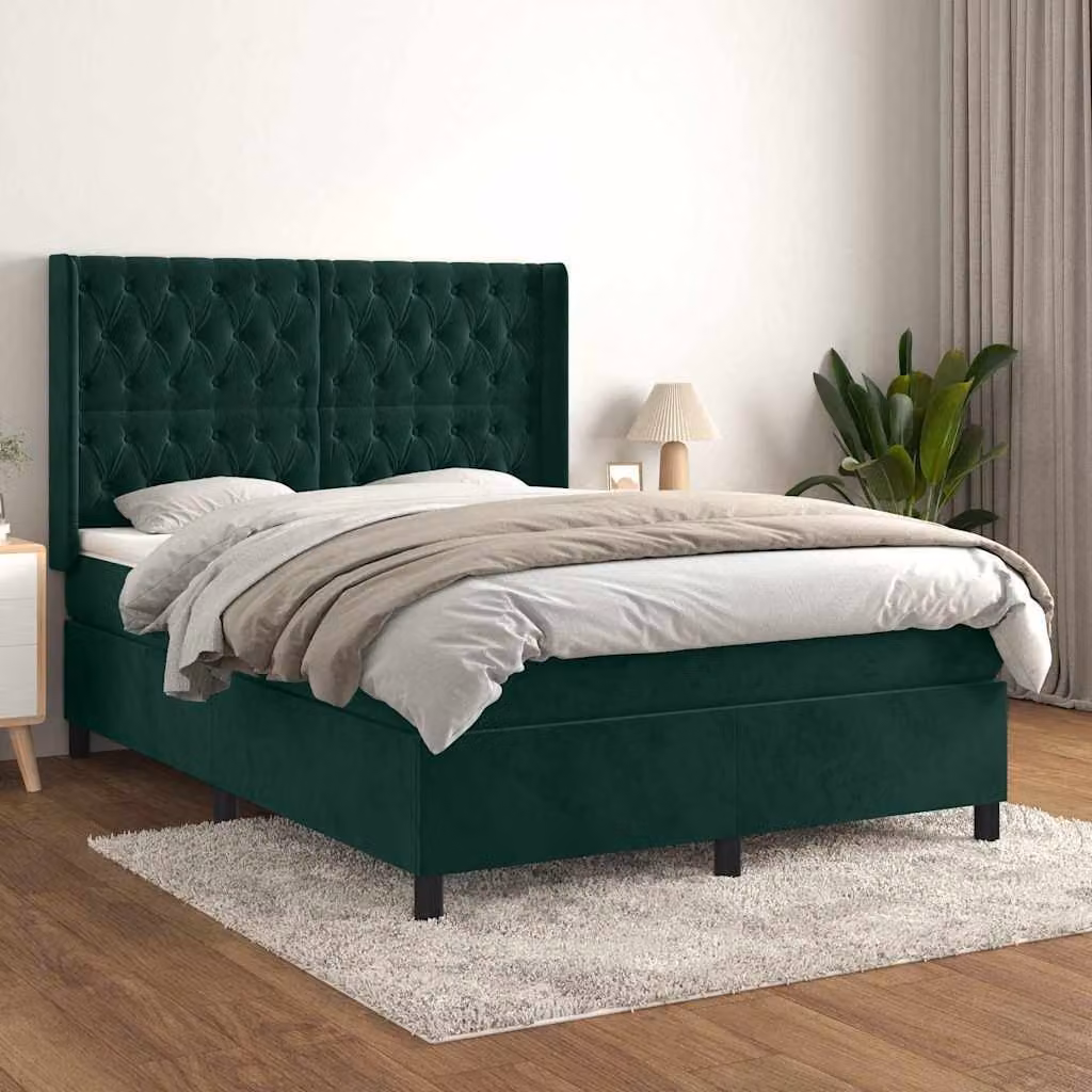 vidaXL Letto Ibrido con Giroletto a Molle e Materasso in Velluto Verde Scuro e Bianco, L/P/H: 140 x 200 x 128 cm