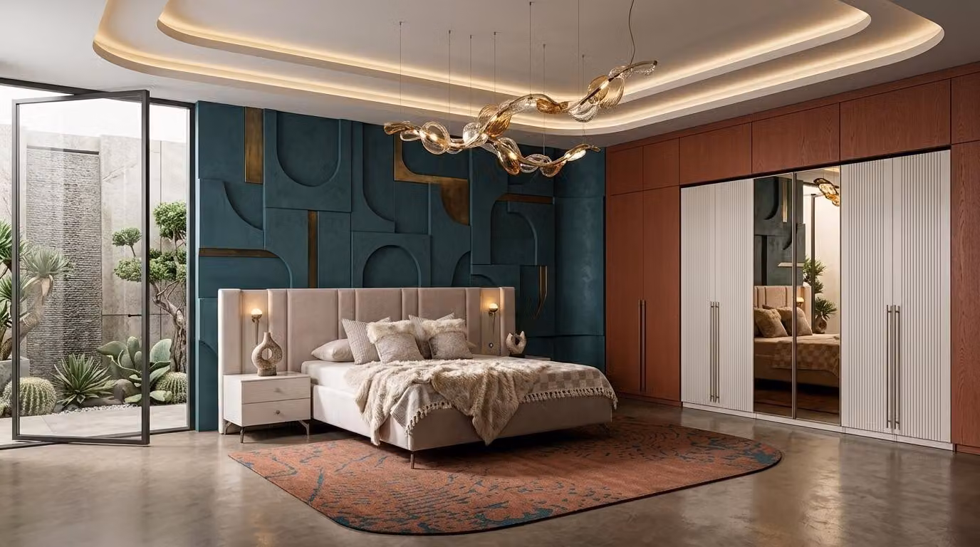 Due comodini, armadio, camera da letto, stile moderno, colore beige