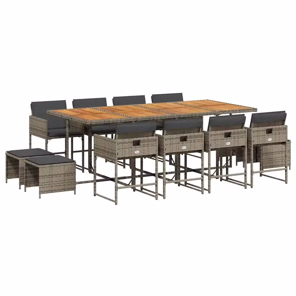 Set da Pranzo da Giardino vidaXL in Polyrattan con Cuscini Grigio e Marrone e Tavolo in Legno di Acacia 13 Pezzi – 2