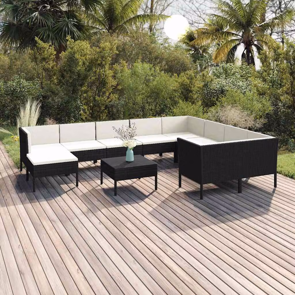 vidaXL Set Divani da Giardino 11 pz con Cuscini, Tavolino e Ottoman, Design Moderno a Forma di U, Colore Nero e Bianco