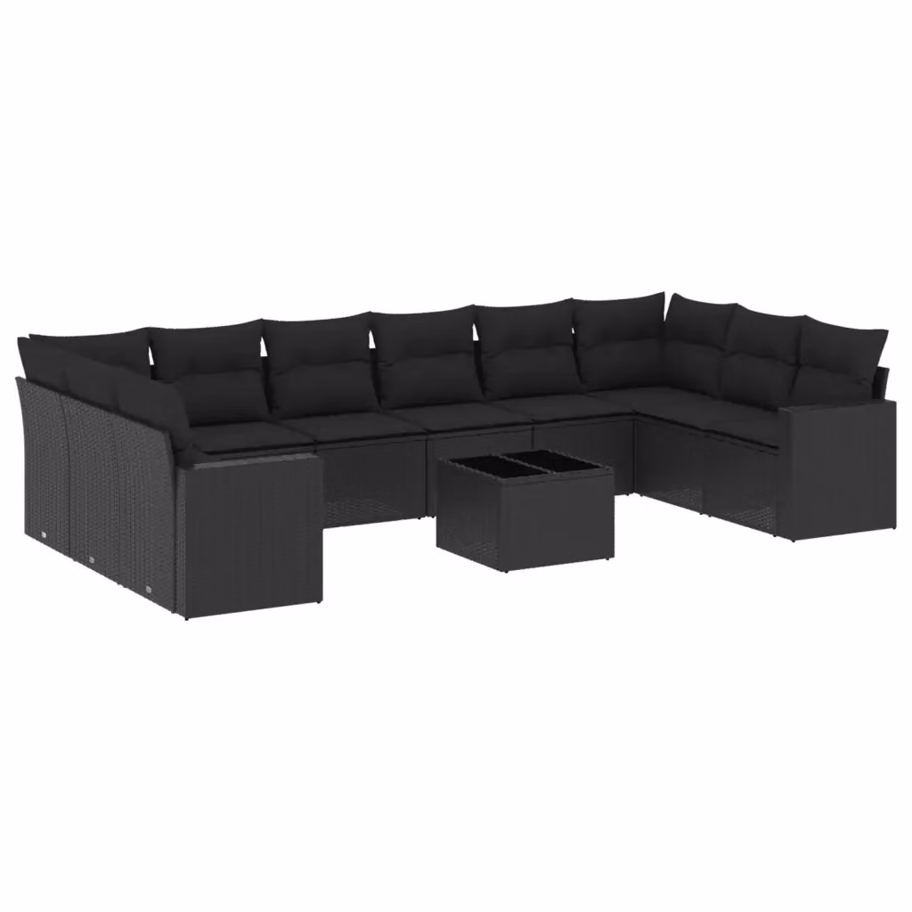 vidaXL Set Divani da Giardino 11 pz in Polyrattan Nero con Cuscini e Tavolino da Esterno – 2