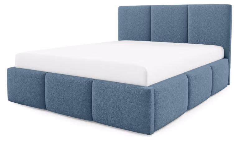 Letto imbottito con contenitore integrato, modello Melora, colore grigio-blu, dimensioni 180 x 200 cm