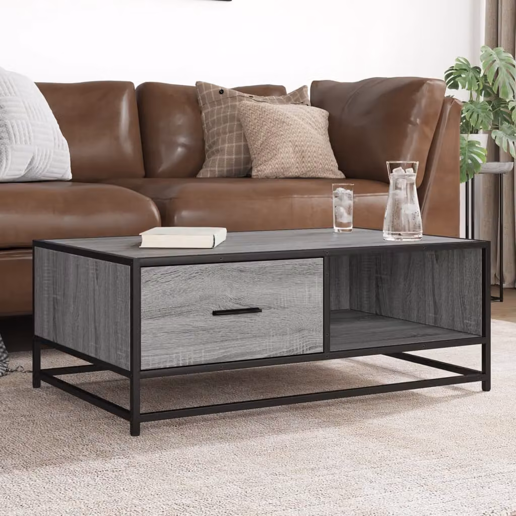 Tavolino da soggiorno vidaXL in stile industriale, colore grigio, realizzato in legno e metallo, L 90 cm x P 57 cm x H 35 cm