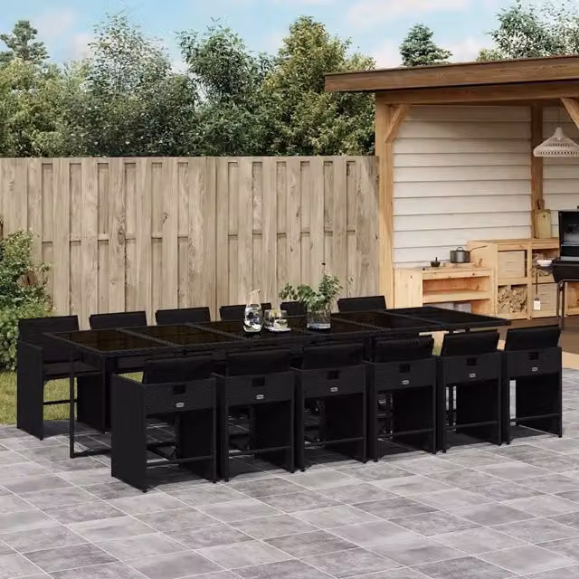 Set da pranzo da giardino vidaXL in polyrattan nero con cuscini e tavolo in vetro per 13 persone