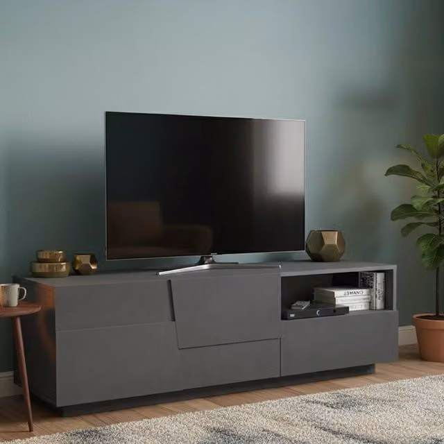 Mobile porta TV Cecia, Credenza bassa da soggiorno con 2 ante e 1 cassetto, Base porta TV, 150x44h46 cm, Antracite
