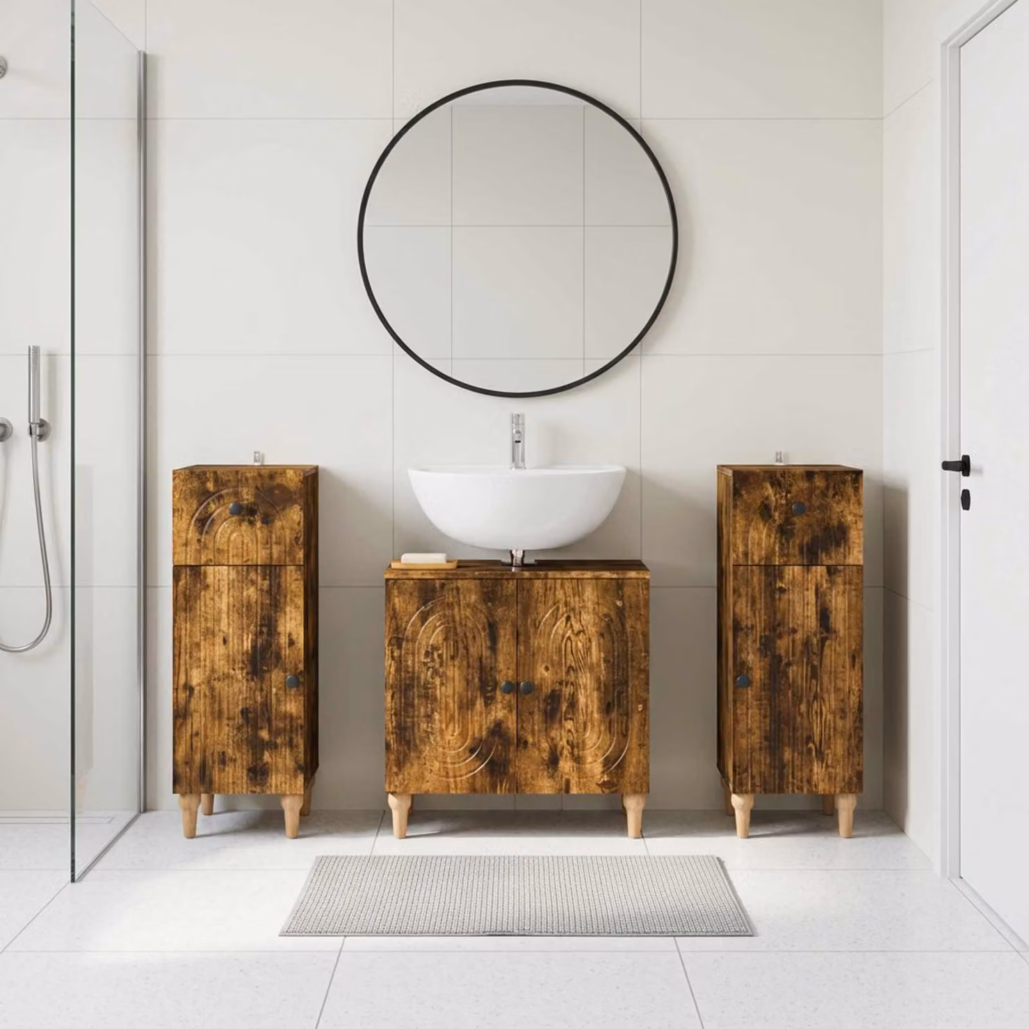 Set di armadietti da bagno vidaXL ALKMAAR in 3 pezzi, Rovere Fumo e Marrone
