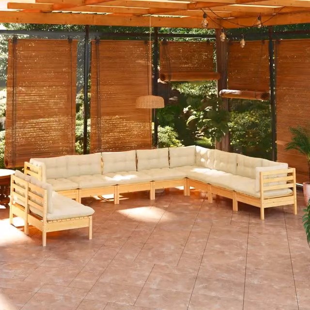 Set di Divani da Giardino a Forma di U vidaXL in Legno di Pino Massello con Cuscini Beige 10 Pezzi – 1