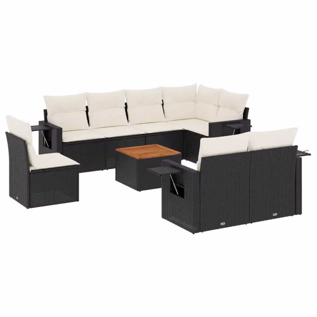 vidaXL Set Divani da Giardino 9 pz in Polyrattan Nero con Cuscini e Tavolino da Esterno – 2