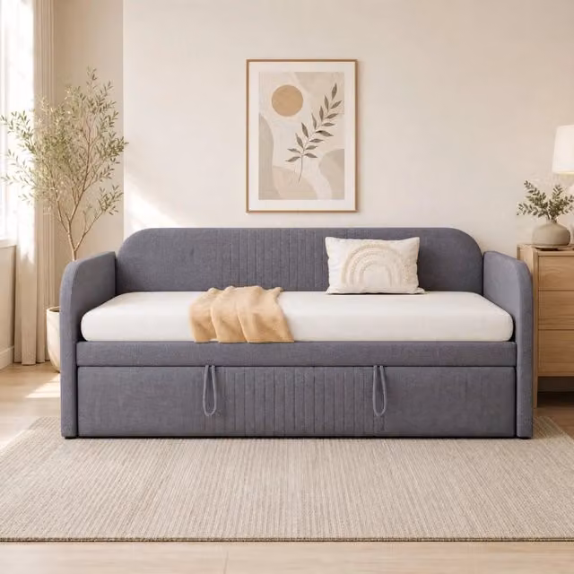 Divano letto imbottito estraibile 90/180x190 cm in lino grigio con rete a doghe