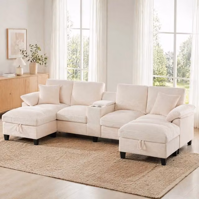 Divano modulare a U 293x142x93 cm con vano portaoggetti e porte USB in velluto a coste beige
