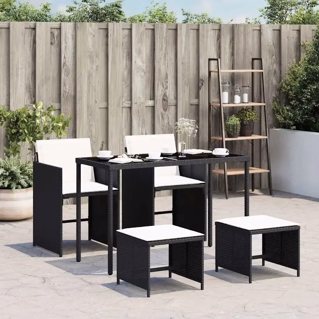 Set da Pranzo da Giardino 5 Pezzi in Polyrattan Nero con Piano in Vetro e Cuscini Bianchi – 2