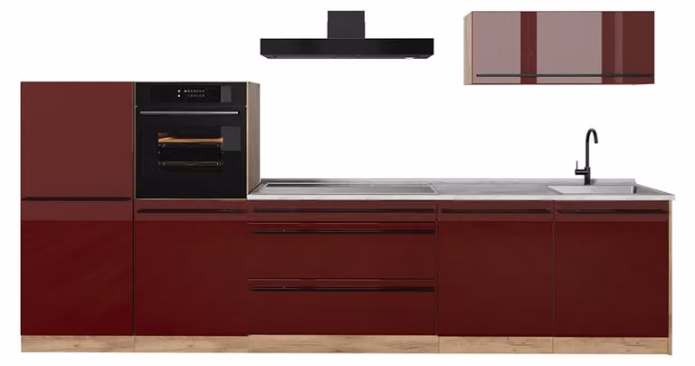 Cucina componibile Vicco R-Line Rosso lucido/Rovere dorato 340 cm piano di lavoro Marmo, Model 66531