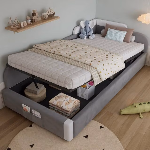 Letto singolo imbottito ULEVR 90x200 cm con contenitore idraulico, barriera morbida rialzata e tasca, grigio