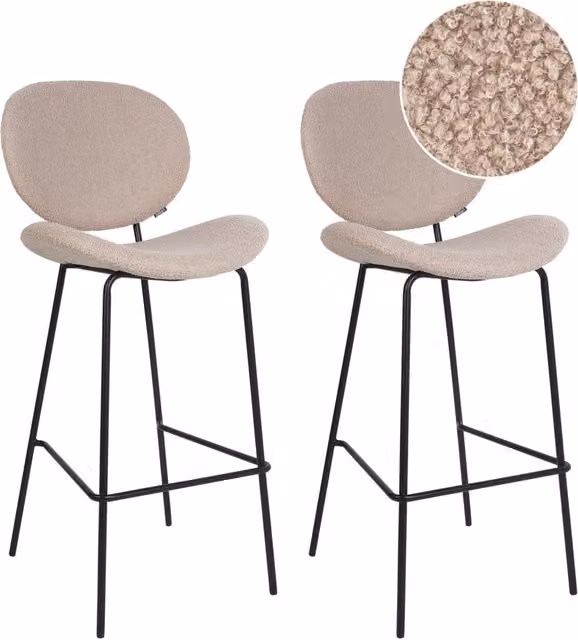 Set di 2 sedie da bar Beige chiaro senza braccioli Gambe in ferro nero Boucle Design contemporaneo retrò Sedute per la sala da pranzo