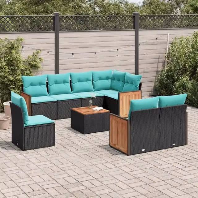 Set Divani da Giardino 9 pz con Cuscini Nero in Polyrattan 3227849