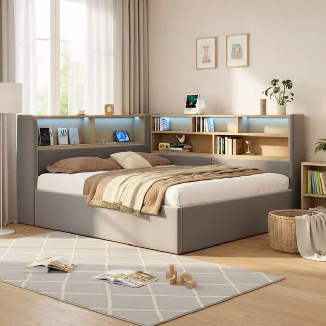 Letto divano 140 × 200 cm 2 posti con vano idraulico, LED, USB e Type-C, mensole, senza materasso, velluto grigio