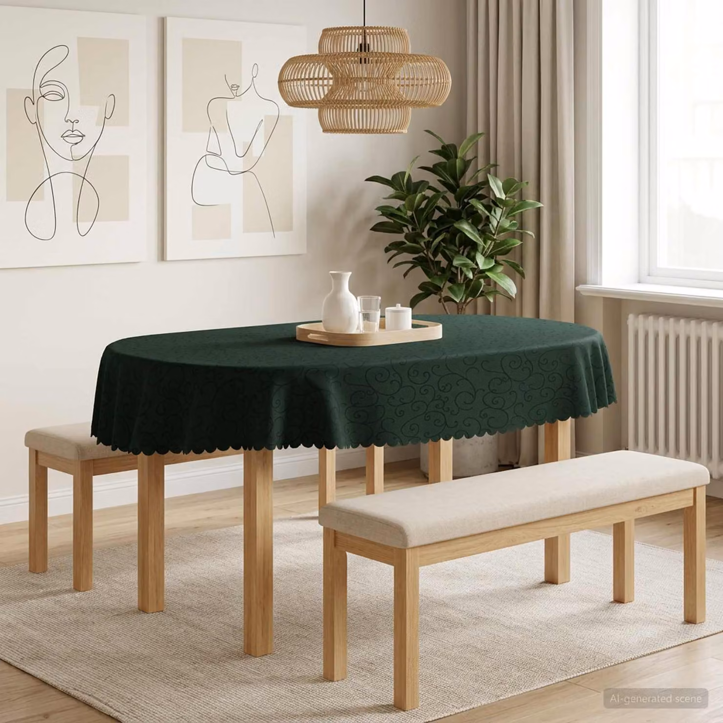 vidaXL Tovaglia da Tavolo Ovale in Jacquard con Motivo Floreale Verde Scuro L: 130 cm, P: 220 cm