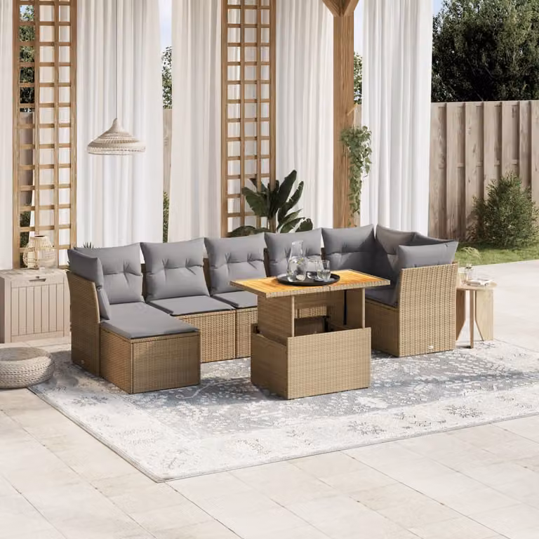 vidaXL Set Divano da Giardino 8 pz con Cuscini Beige e Tavolino, Design Moderno in Polyrattan e Legno di Acacia
