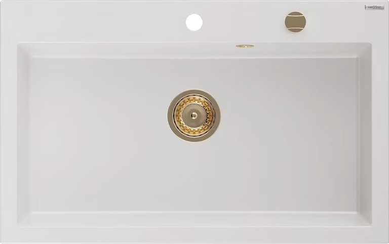 Mexen Elix lavello da cucina in granito 1-vasca 800 x 500 mm, bianco, sifone dorato - 6527801005-20-G