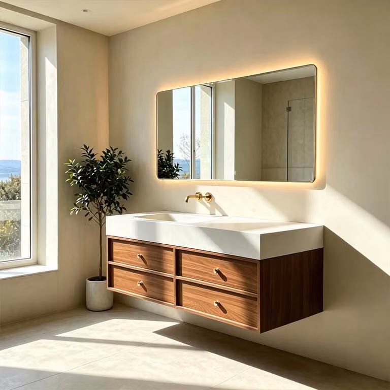 Set lavabo: piano lavabo in pietra sinterizzata, mobile sottolavabo moderno, specchio con illuminazione a LED e cassetto, 140 x 55 cm 【RWC152-140 BKK】