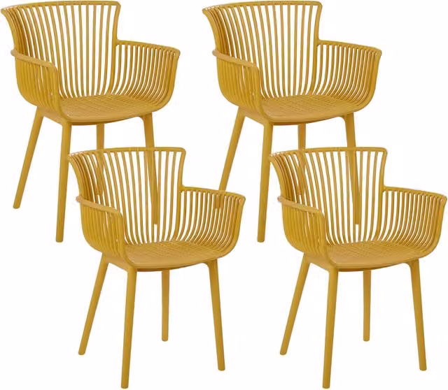 Set di 4 sedie da pranzo in plastica gialla per interni ed esterni da giardino con braccioli in stile minimalista
