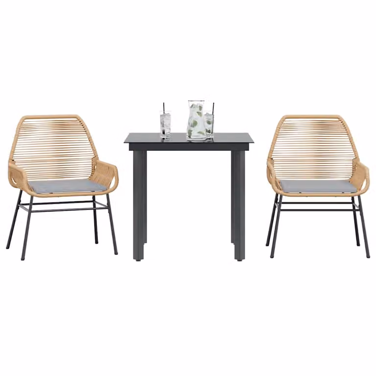 Set da pranzo da giardino vidaXL in polyrattan con tavolo in vetro e cuscini, 3 pezzi, disponibile in nero, marrone o grigio