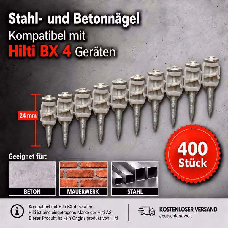 400 chiodi compatibili con Hilti BX 4, lunghezza 24 mm – chiodi per calcestruzzo, chiodi in acciaio