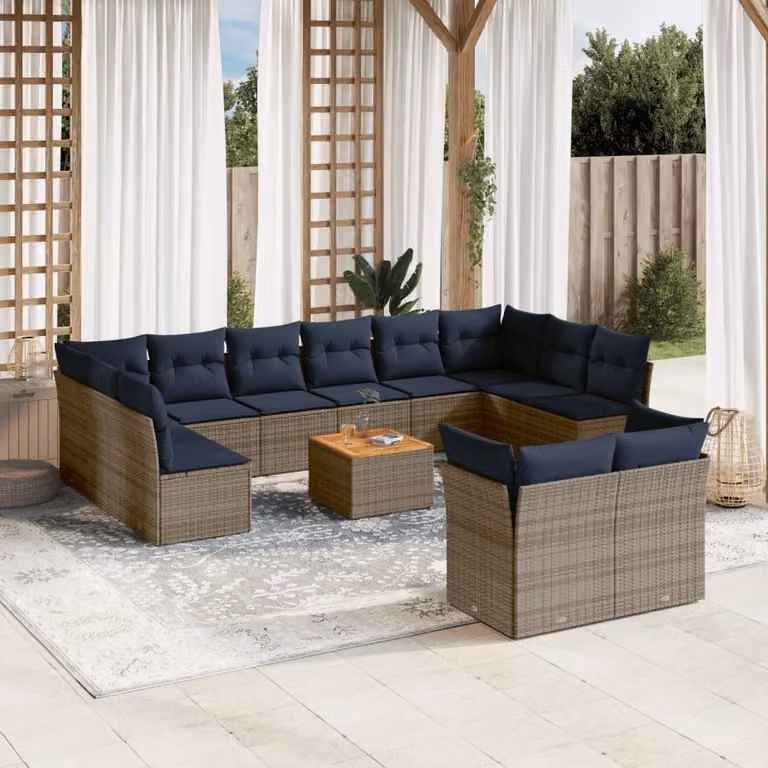 vidaXL Set Divani da Giardino a Forma di U in Polyrattan Grigio con 13 Pezzi e Cuscini