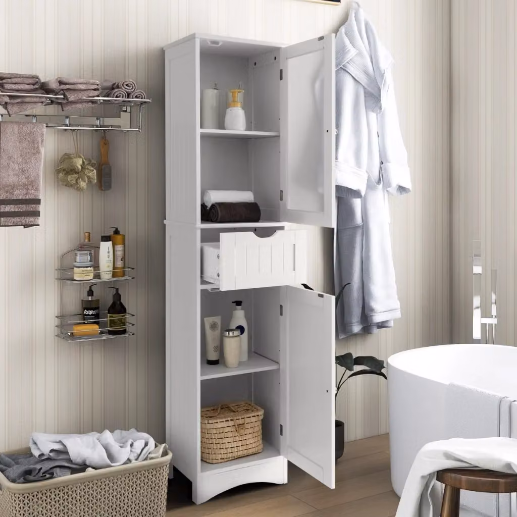 Mobile da bagno moderno DESIGN IN bianco con ante in vetro e ripiani interni, L: 40 cm, P: 19 cm, H: 170 cm – 2