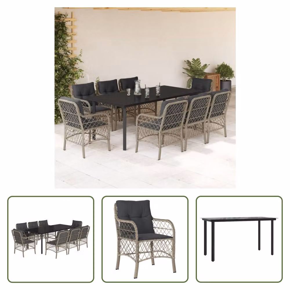 The Living Store Set da pranzo da giardino 9 pezzi con cuscini in poly rattan grigio chiaro