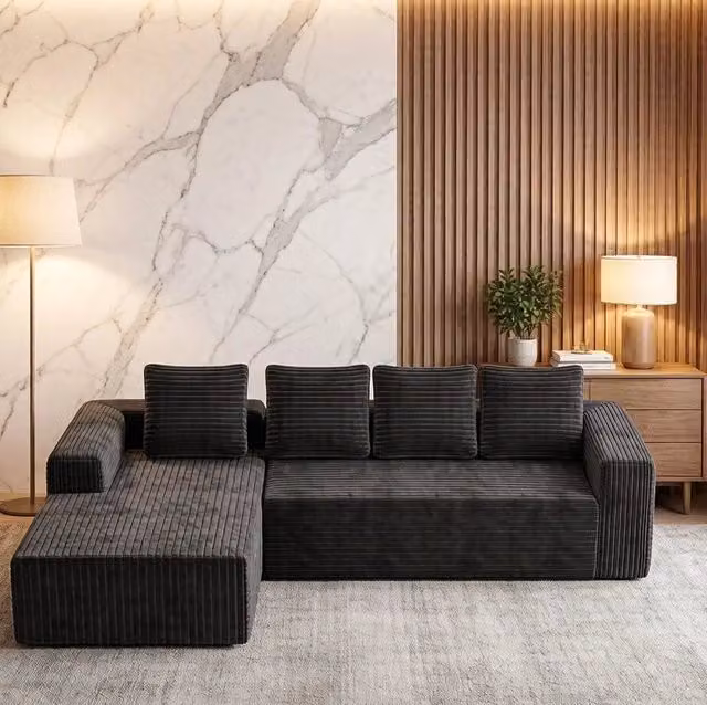 Divano modulare angolare a L con chaise reversibile; in corduroy grigio; senza montaggio