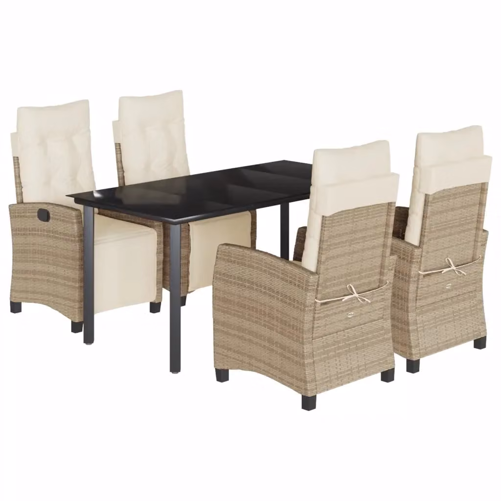 Set da Pranzo da Giardino vidaXL in Polyrattan con Cuscini Beige e Tavolo in Vetro – 2