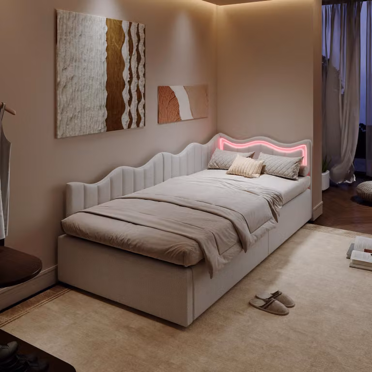 Letto imbottito ProximaX 90x200cm, letto contenitore letto singolo con rete a doghe e LED, letto a molle idrauliche letto per ragazzi, velluto, beige