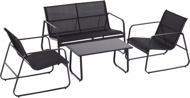 EasyComfort Set da Giardino Moderno con Tavolino Rettangolare in Vetro e Panchina con 2 Sedie in Metallo Nero