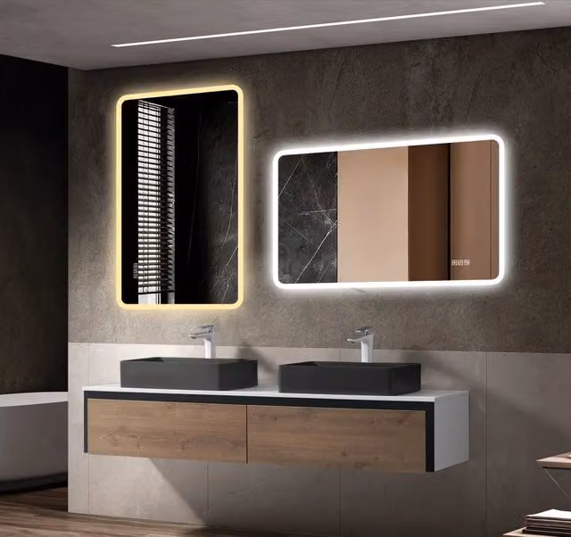 Specchio da bagno LED 60×120 cm con bordo in vetro satinato, illuminazione frontale, anti-appannamento, 3 tonalità di luce, dimmerabile, funzione memoria, montaggio orizzontale e verticale, IP44 impermeabile