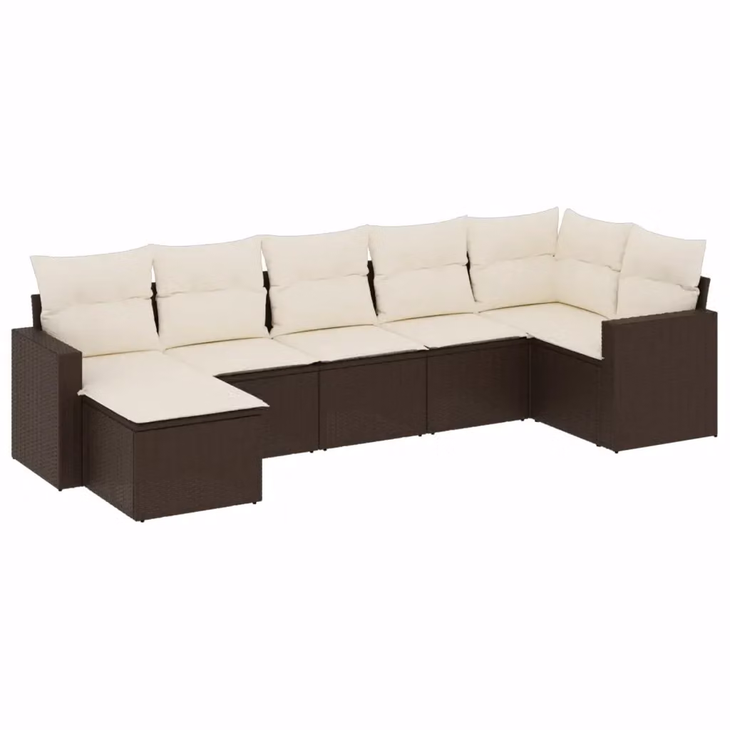 Set di divani da giardino vidaXL in polyrattan marrone con cuscini bianchi, 7 pezzi, design moderno a L con elementi angolari e pouf – 2