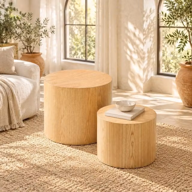 Set di 2 tavolini bassi rotondi impilabili 48x48x38 cm naturale; MDF; senza montaggio