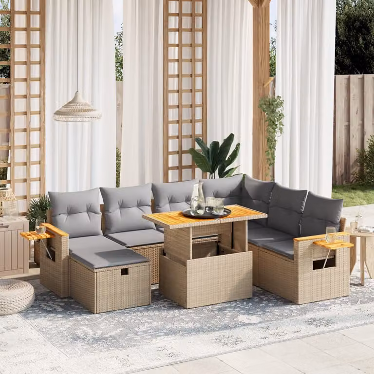 vidaXL Set Divano da Giardino 8 pz in Polyrattan Beige con Cuscini e Tavolino da Caffè