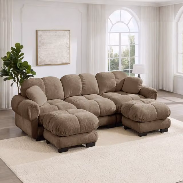 Divano panoramico Mivray in ciniglia marrone con pouf coordinato, reversibile e moderno per il tuo soggiorno, L/P/H: 260 x 149 x 90 cm