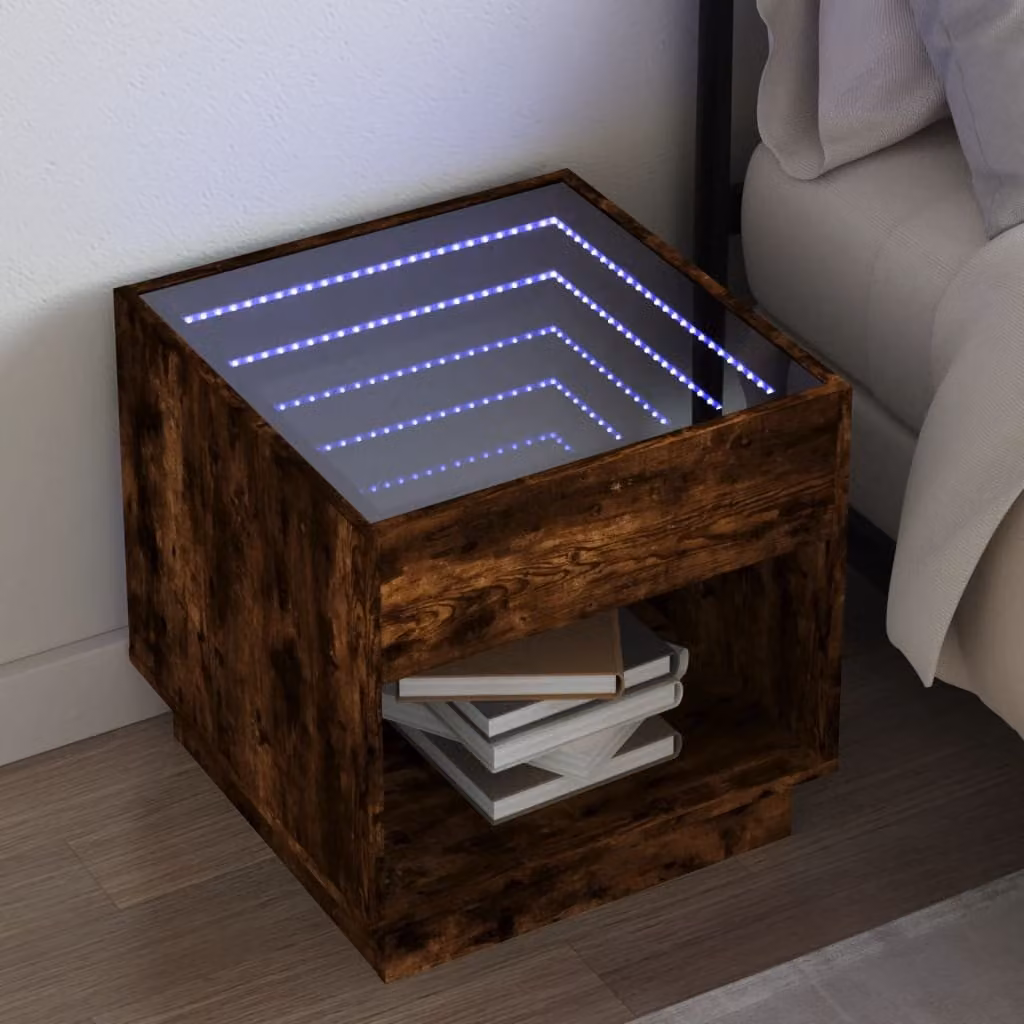 Comodino moderno vidaXL Infinity con illuminazione LED integrata in Rovere Fumo, L/P/H: 50 x 50 x 50 cm